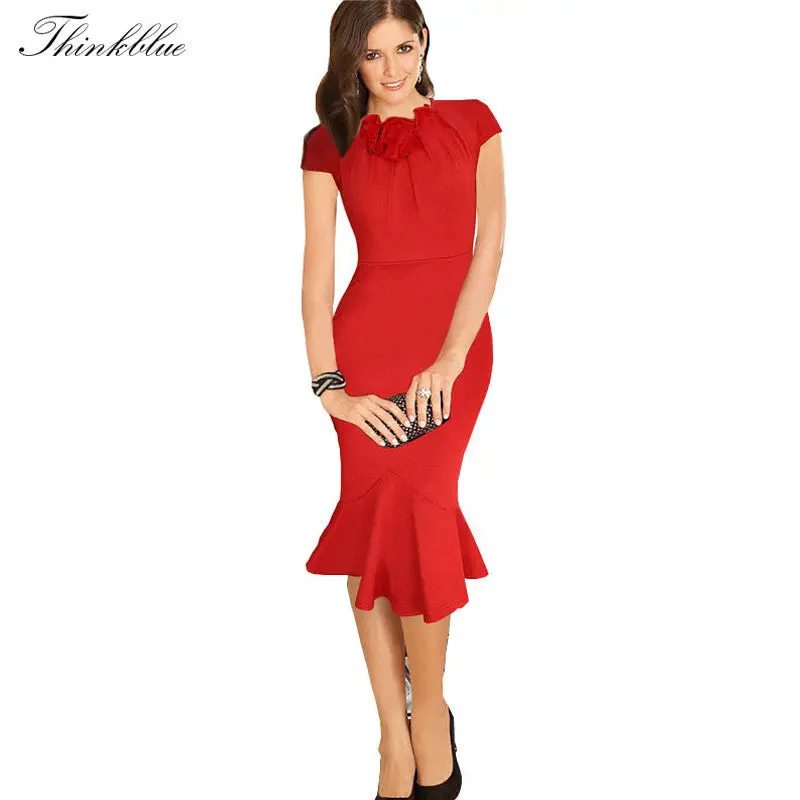 Style Vintage Three-Dimensional Flower Fishtail Hem Party Dresses Plus Size Sexy Bodycon Dress Elegant Midi Women Dress 3