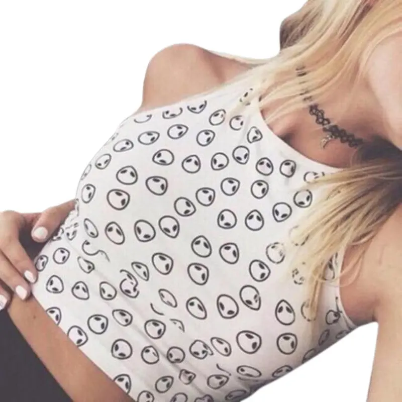 Style White Alien Print Halter Top Women Tank Sexy Halter Crochet Bustier Crop Top Cotton Short Bralette Top 1
