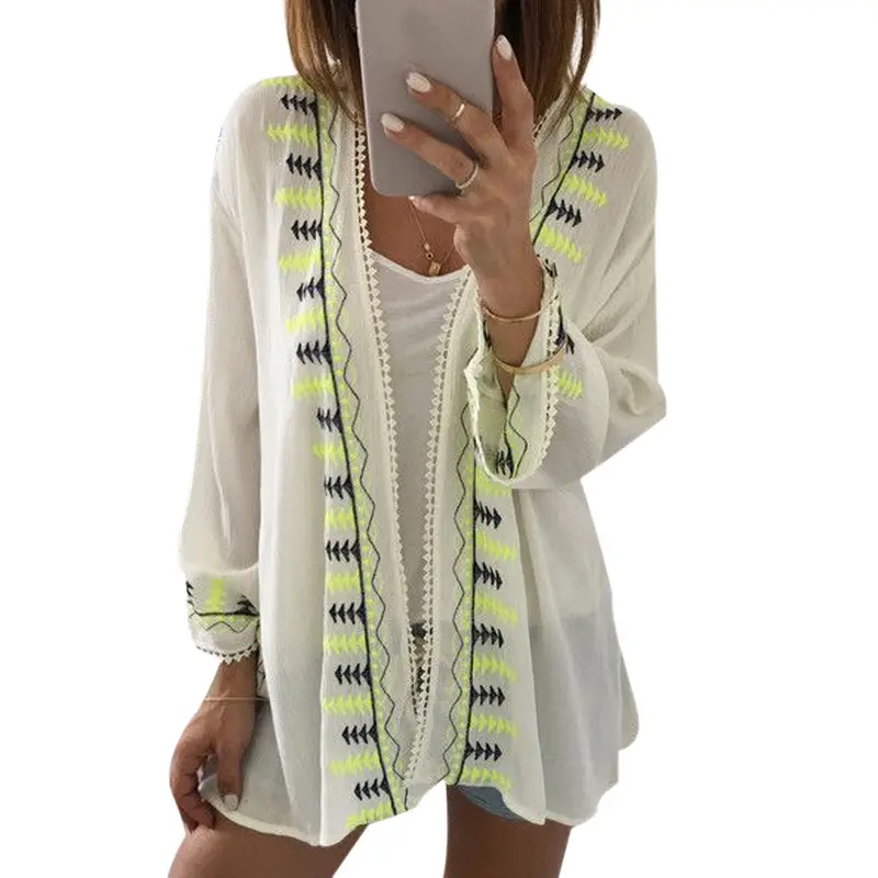 Style Women Blouses Embroidery Chiffon Loose Shawl Kimono Cardigan Shirts Outwear Cover Up Blouse Large Size 1
