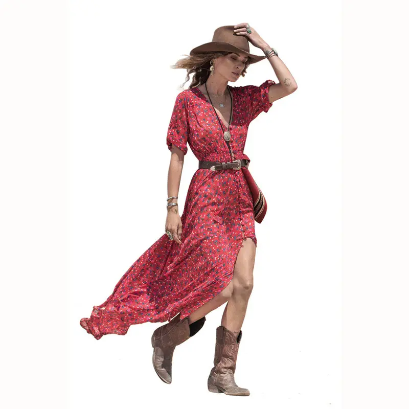 Style Women Boho Chiffon Floral Party Beach Long Maxi Dress Dresses Robe Feida 1