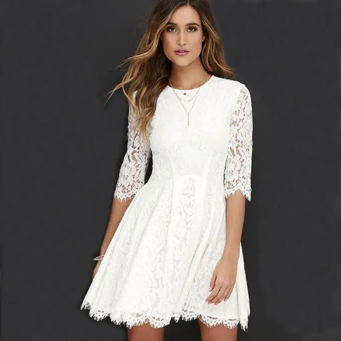 Style Women Dress Vintage White Lace Dress Elegent Office Vestido De Festa 2
