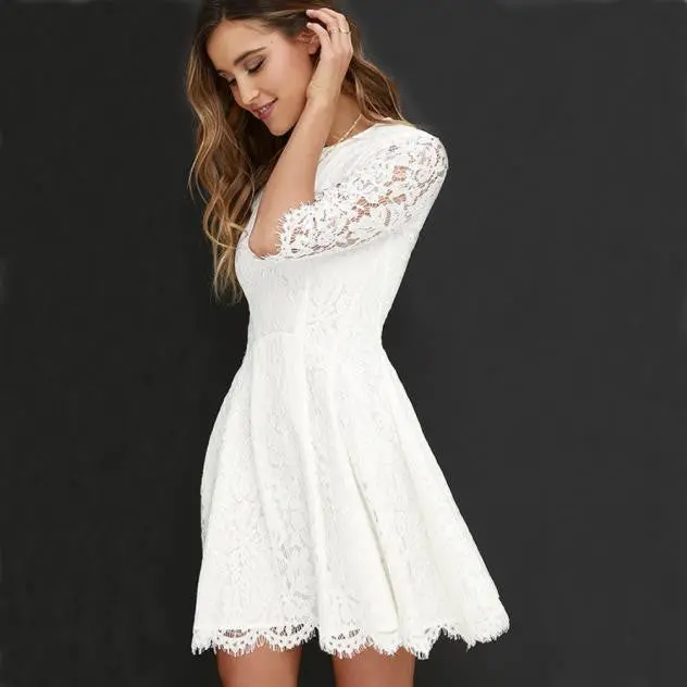 Style Women Dress Vintage White Lace Dress Elegent Office Vestido De Festa 3