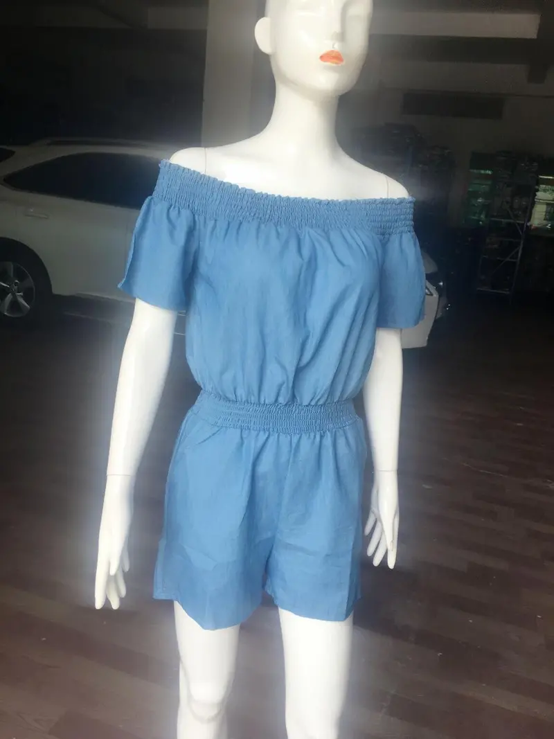 Style Women Jumpsuit Denim Overalls Sexy Slash Neck Shorts Jumpsuit Jeans Ladies Elastic Waist Jumpsuit Rompers 1
