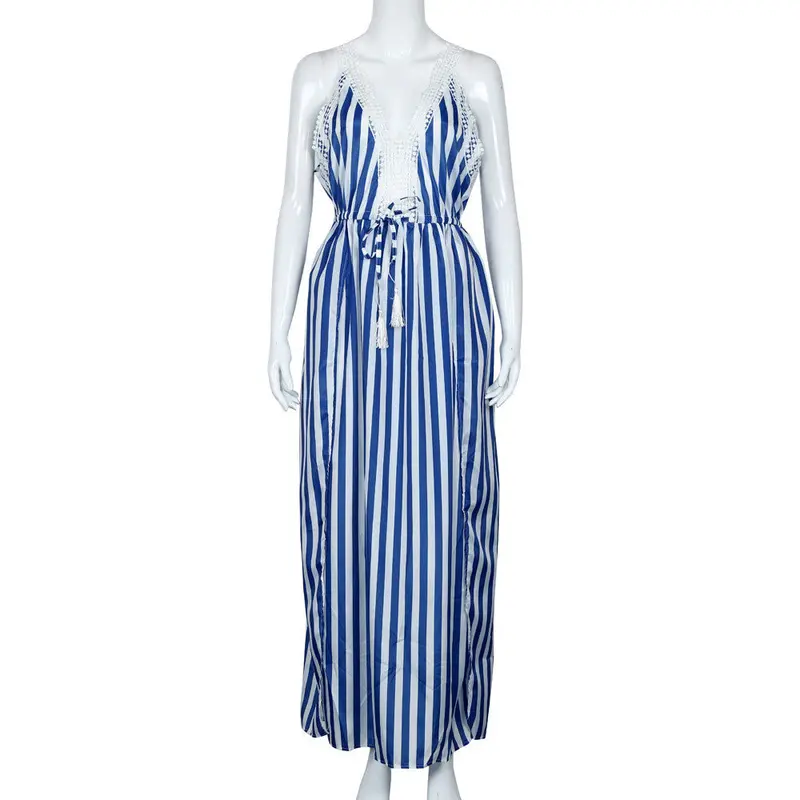 Style Women Long Dress V Neck Stripe Lace Evening Party Beach Dress Elegant Party Dresses Vestidos Sexy Club Dress 3