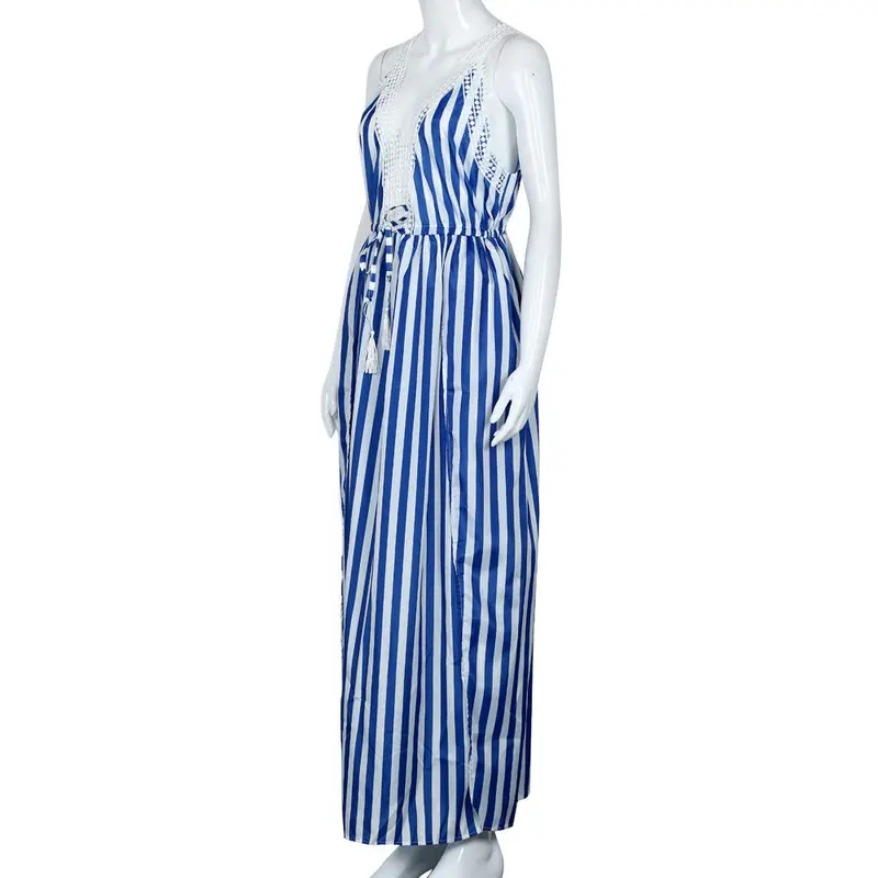 Style Women Long Dress V Neck Stripe Lace Evening Party Beach Dress Elegant Party Dresses Vestidos Sexy Club Dress 4