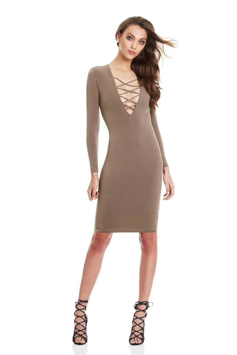 Style Women Long Sleeve Front Chest Cross Strap V-Neck Package Hip Dress Slim Solid Bodycon Dress X0387 8