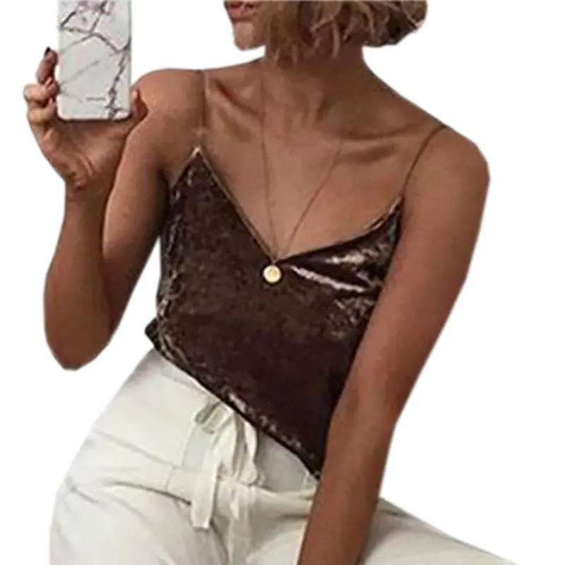 Style Women Sexy Velvet Camis Top Sexy Deep V-Neck Camisole Tank Women Slim Sleeveless Tank Top Casual Camisole Tops 5