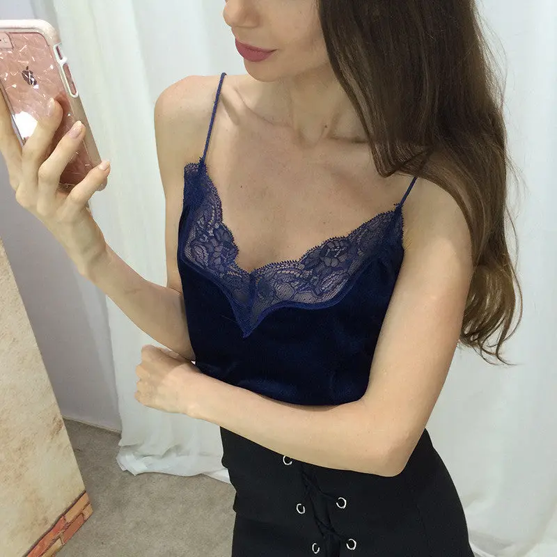 Style Women Velvet Tops Sexy Velvet Lace Patchwork Pink Blue Velvet Fabric Tanks Camis Sexy Casual Lace Women Top 4