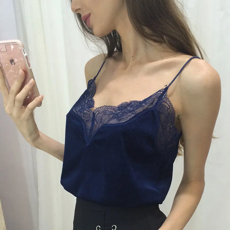 Style Women Velvet Tops Sexy Velvet Lace Patchwork Pink Blue Velvet Fabric Tanks Camis Sexy Casual Lace Women Top 5