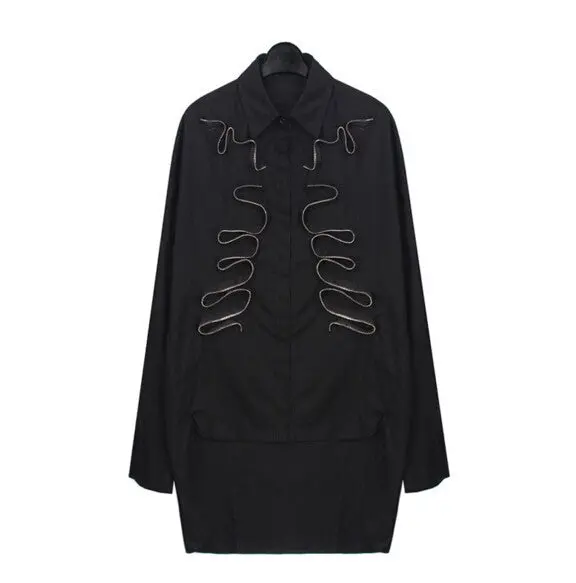 Stylish 3D Metal Zipper Weave Flower Asymmetry Shirt Woman Long Sleeve High-Low Hem Shirts Femme Loose Blouse Tops 1
