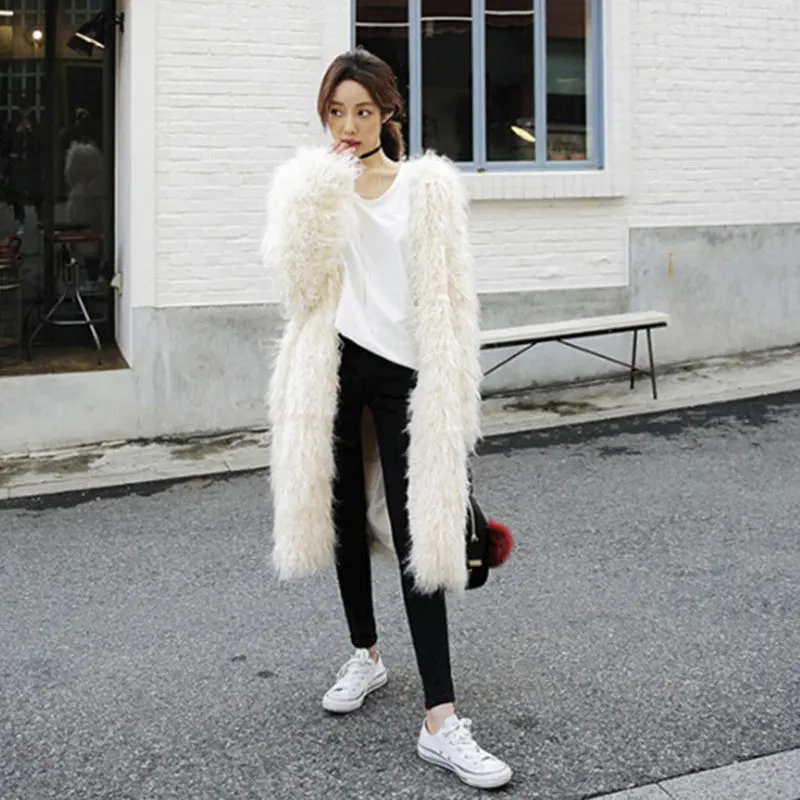 Stylish 4 Inches Long Hairy Shaggy Faux Sheep Fur Coat Long Sleeve Long Outwear Woman Keep Warm Mid Long Coat Tops 2