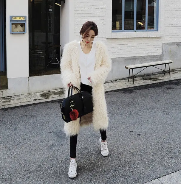 Stylish 4 Inches Long Hairy Shaggy Faux Sheep Fur Coat Long Sleeve Long Outwear Woman Keep Warm Mid Long Coat Tops 3