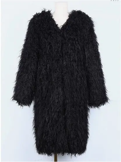 Stylish 4 Inches Long Hairy Shaggy Faux Sheep Fur Long Coat Black Long Sleeve Outwear Woman Keep Warm Mid Long Coat Tops 1