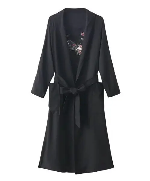 Stylish Back Flower Bird Embroidery Trench Woman Lapel Loose Drawstring Waist Coat Casual Outerwear 3 Colors 1