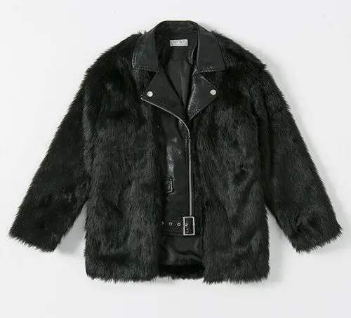 Stylish Black Faux Leather Spliced Long Hairy Shaggy Faux Fur Coat Woman Lapel Faux Fur Coats Warm Outerwear 1