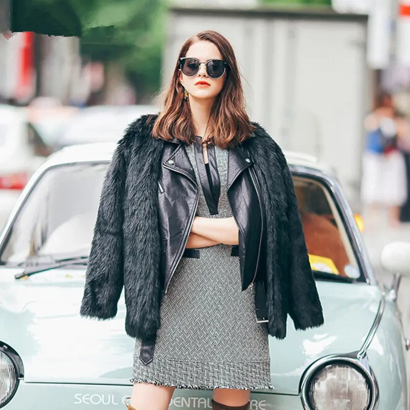 Stylish Black Faux Leather Spliced Long Hairy Shaggy Faux Fur Coat Woman Lapel Faux Fur Coats Warm Outerwear 2