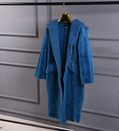 Stylish Blue Faux Suede Spliced Faux Fur Coat Women Hooded Faux Fur Jackets Mid Long Loose Outerwear 1