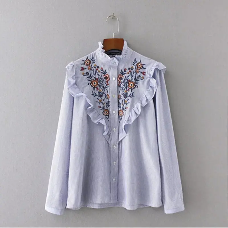 Stylish Blue White Striped Print Flower Embroidery Shirt Ruffled Collar Long Sleeve Ruffles Mid Long Blouse Tops Femme Blusa 2