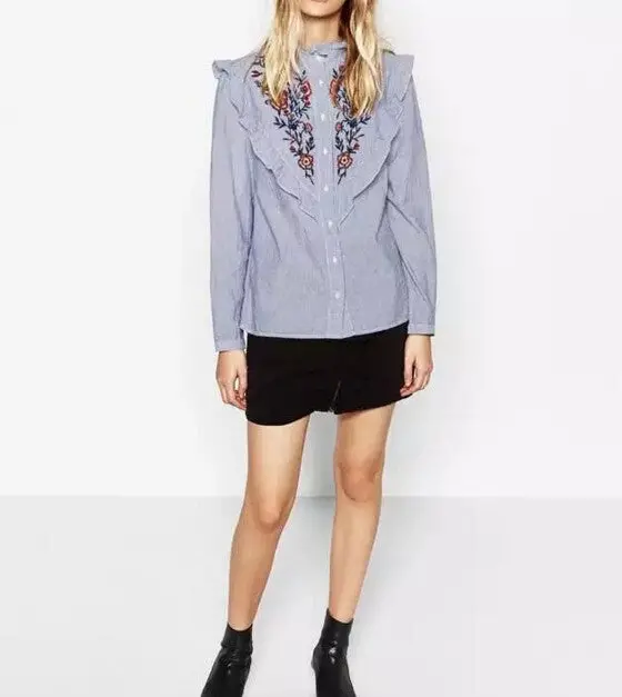 Stylish Blue White Striped Print Flower Embroidery Shirt Ruffled Collar Long Sleeve Ruffles Mid Long Blouse Tops Femme Blusa 3
