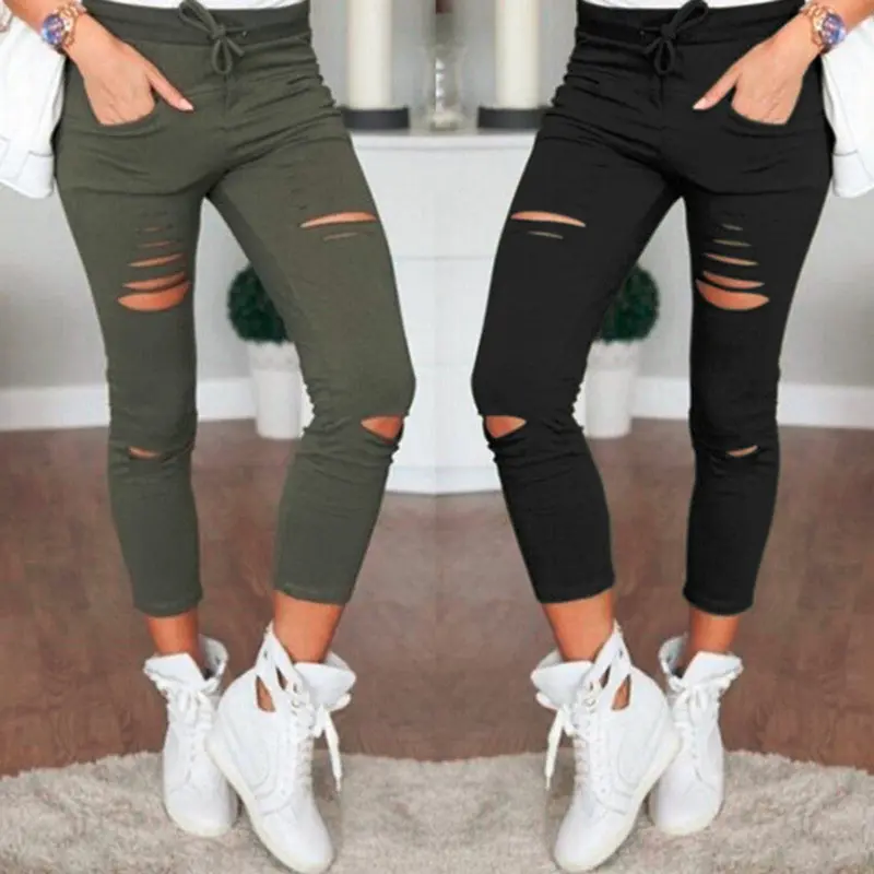 Stylish Broken Hole Pencil Pants Casual Slim Decorate Trousers Pants 4