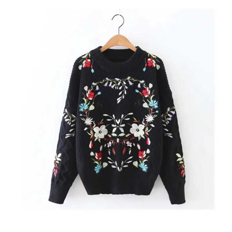 Stylish Colored Floral Embroidery Sweater Women O Neck Striped Line Knitwear Jumper Pullover Kleding Jerseis Femme Black 1