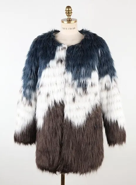 Stylish Contrast Color Long Hairy Shaggy Faux Fur Coat Women O Neck Faux Fur Jackets Mid Long Outerwear 1