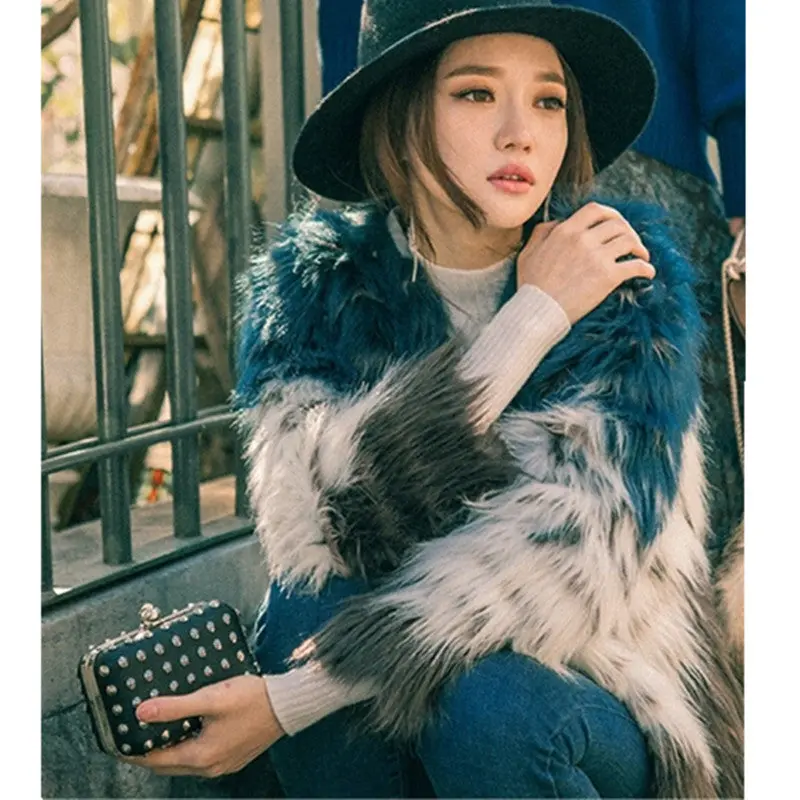 Stylish Contrast Color Long Hairy Shaggy Faux Fur Coat Women O Neck Faux Fur Jackets Mid Long Outerwear 2