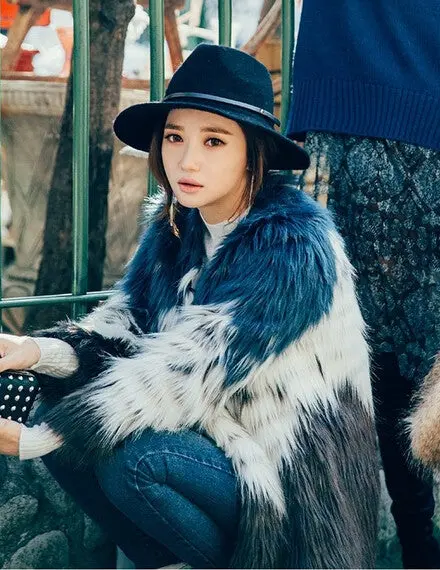 Stylish Contrast Color Long Hairy Shaggy Faux Fur Coat Women O Neck Faux Fur Jackets Mid Long Outerwear 3