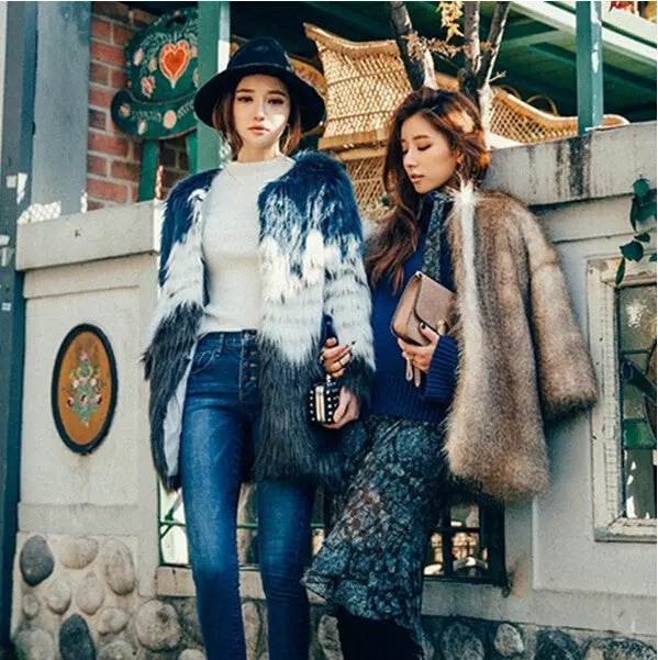 Stylish Contrast Color Long Hairy Shaggy Faux Fur Coat Women O Neck Faux Fur Jackets Mid Long Outerwear 4