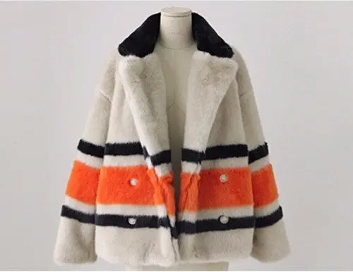 Stylish Contrast Color Striped Hairy Shaggy Faux Fur Coat Women Spliced Lapel Faux Mink Fur Coats Warm Outerwear 1