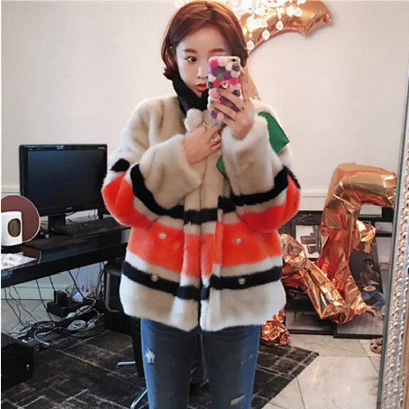 Stylish Contrast Color Striped Hairy Shaggy Faux Fur Coat Women Spliced Lapel Faux Mink Fur Coats Warm Outerwear 2