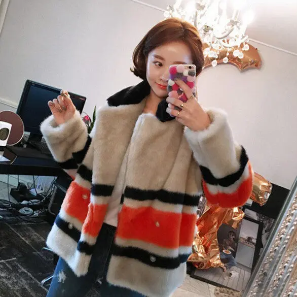 Stylish Contrast Color Striped Hairy Shaggy Faux Fur Coat Women Spliced Lapel Faux Mink Fur Coats Warm Outerwear 3
