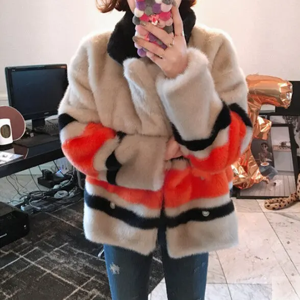 Stylish Contrast Color Striped Hairy Shaggy Faux Fur Coat Women Spliced Lapel Faux Mink Fur Coats Warm Outerwear 4