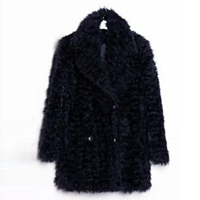 Stylish Dark Blue Curly Long Hairy Shaggy Faux Sheep Fur Coat Woman Lapel Faux Fur Mid Long Coats Warm Outerwear 1