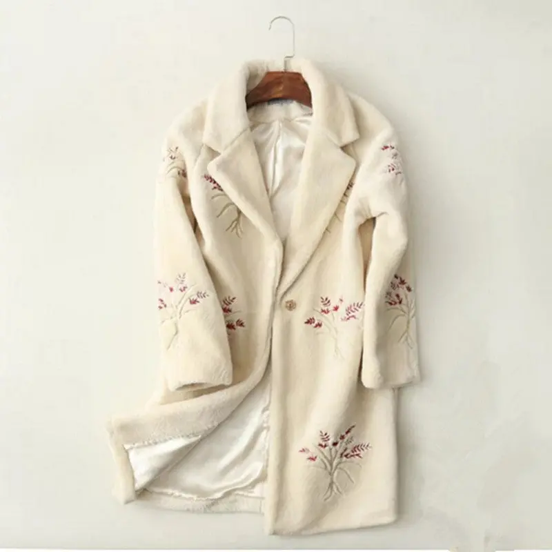 Stylish Embroidery Flower Hairy Shaggy Faux Fur Coat Woman Lapel Mid Long Coats Warm Outerwear 1