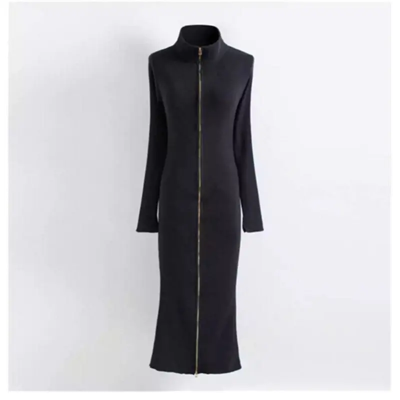 Stylish High Neck Knit Sweater Dress Women Solid Color Long Jumper Long Zipper Sweater Dresses Black 1