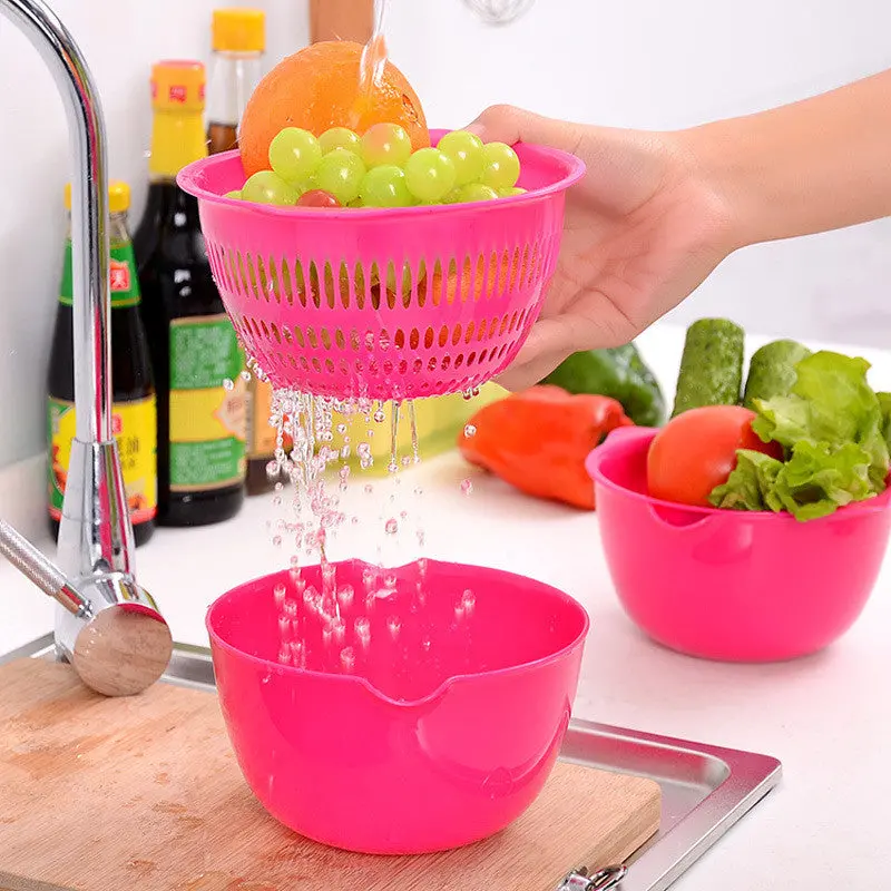 Stylish Home Fuchsia Double Fruit Vegetables Plastic Drain Basket 69830 1