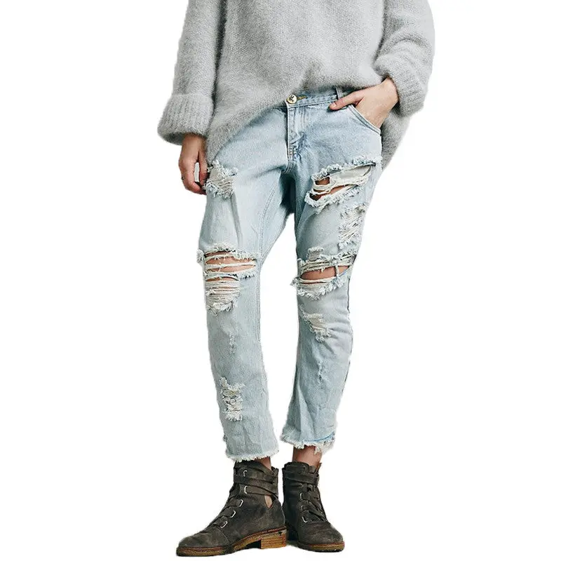 Stylish Jeans Woman Ripped Boyfriend Jeans For Women Light Blue Washed Hole Jean Femme Loose Denim Jeans Women 1