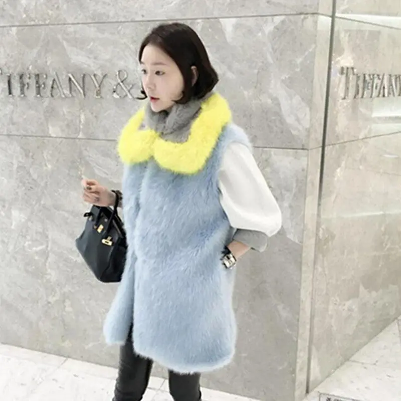 Stylish Long Hairy Shaggy Faux Fox Fur Vest With Contrast Collar 1 Set Woman Faux Fur Sleeveless Jacket Waistcoat Outerwear 2
