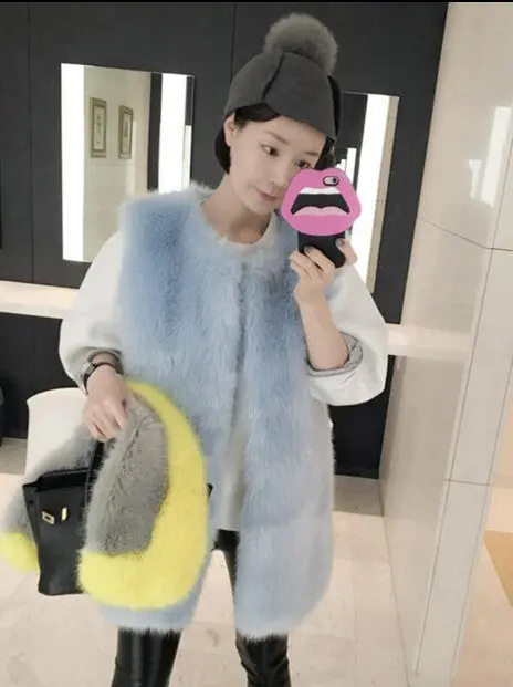 Stylish Long Hairy Shaggy Faux Fox Fur Vest With Contrast Collar 1 Set Woman Faux Fur Sleeveless Jacket Waistcoat Outerwear 3