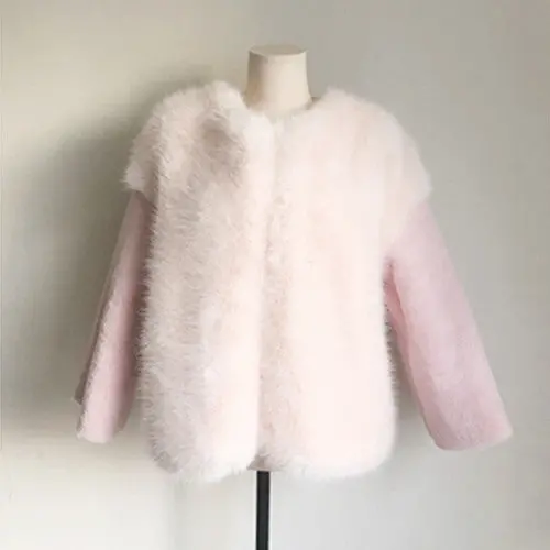 Stylish Long Hairy Spliced Short Hairy Sleeve Shaggy Faux Fox Fur Coat Woman Pink Faux Fur Jackets Short Outerwear 1