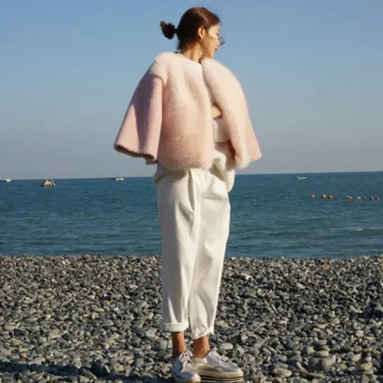 Stylish Long Hairy Spliced Short Hairy Sleeve Shaggy Faux Fox Fur Coat Woman Pink Faux Fur Jackets Short Outerwear 3
