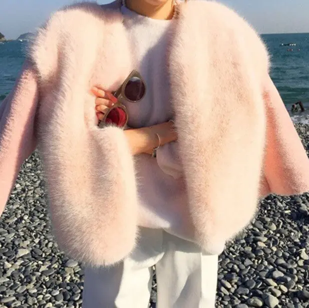 Stylish Long Hairy Spliced Short Hairy Sleeve Shaggy Faux Fox Fur Coat Woman Pink Faux Fur Jackets Short Outerwear 4
