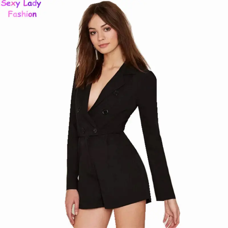 Stylish Long Sleeve Suit Blazer Short Jumpsuit Women Deep V-Neck Notched Collar Slim Fit Rompers Playsuits Retro 3
