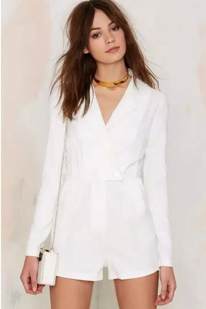 Stylish Long Sleeve Suit Blazer Short Jumpsuit Women Deep V-Neck Notched Collar Slim Fit Rompers Playsuits Retro 4
