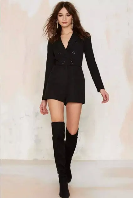 Stylish Long Sleeve Suit Blazer Short Jumpsuit Women Deep V-Neck Notched Collar Slim Fit Rompers Playsuits Retro 6