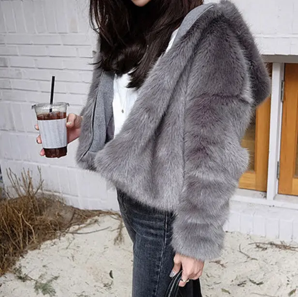 Stylish Loose Hooded Faux Fox Fur Jackets Woman Loose Sleeve Keep Warm Faux Fur Thick Coat Outerwear 5