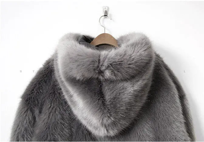 Stylish Loose Hooded Faux Fox Fur Jackets Woman Loose Sleeve Keep Warm Faux Fur Thick Coat Outerwear 8