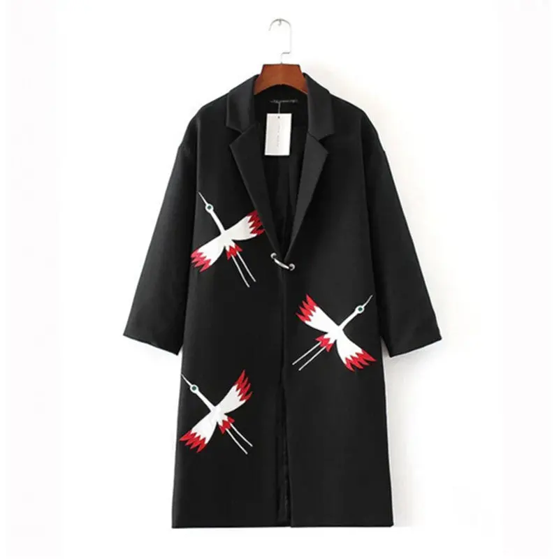 Stylish Metal Buckle Appliques Bird Embroidery Trench Women Lapel Mid Long Windbreaker Coat Outerwear Black 1