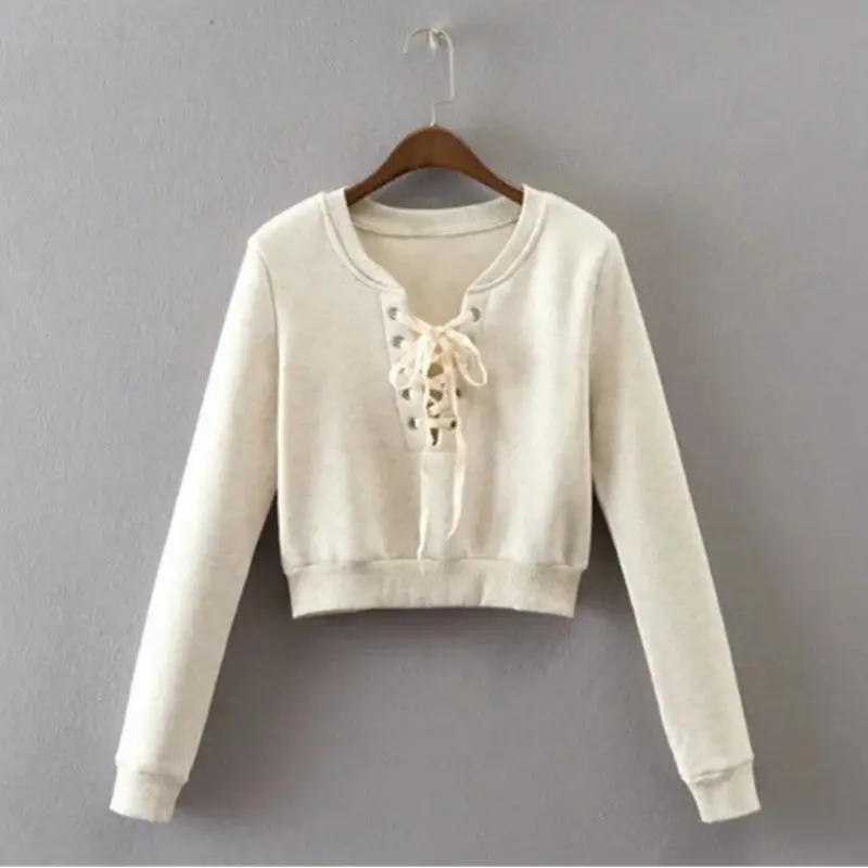 Stylish Metal Hole Lacing Up V Neck Strappy Sweatshirt Woman Short Pullover Hoodies Casual Jumper Sweats Tops Beige 1